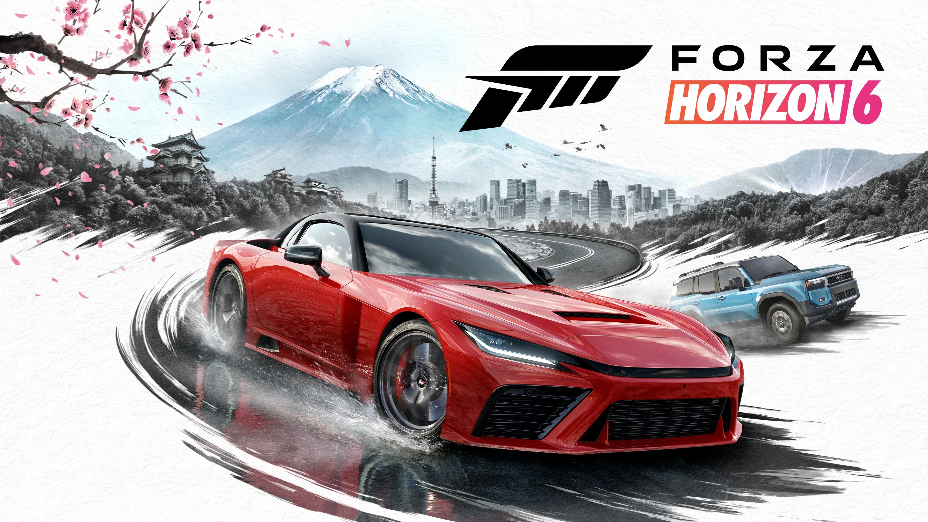 Forza Horizon 6 官方主视觉：红色 GR GT、富士山与日本城市风景